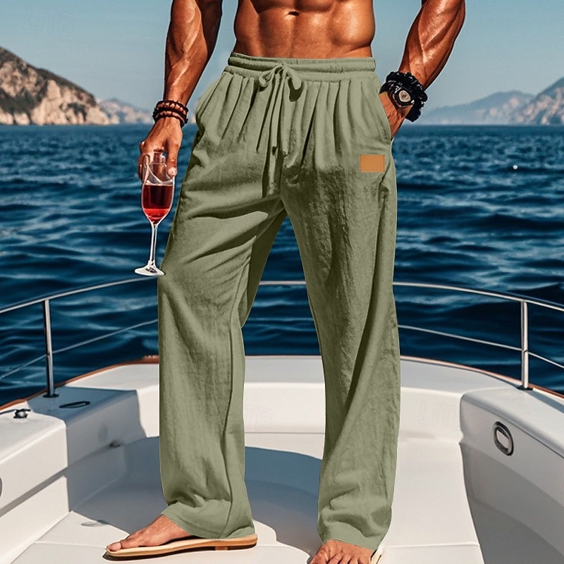 Men's Linen Pants Trousers Summer Pants Beach Pants Drawstring Elastic Waist Straight Leg Plain Comfort Breathable Full Length Outdoor Holiday Beach Vacation Fashion Black White 2026 - $24.99 –P12