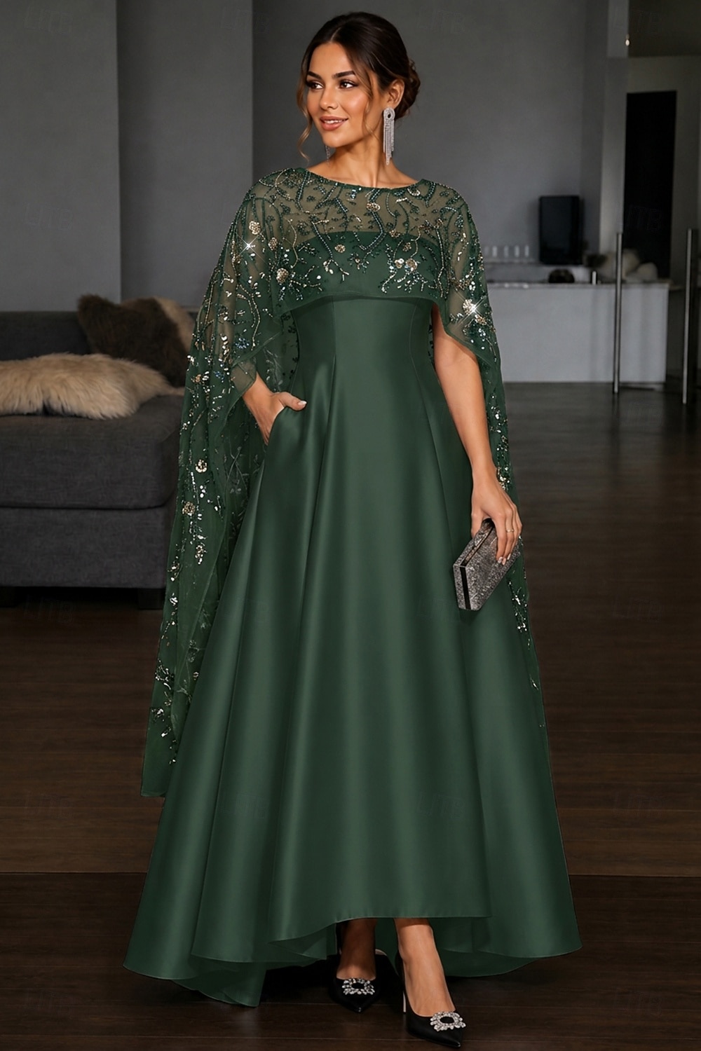A-Line High-low Dress Floor Length Evening Gown Elegant Sparkle Empire Waist Evening Half Sleeve Scoop Neck Cocktail Wedding Satin with Lace Glitter Beaded 2026