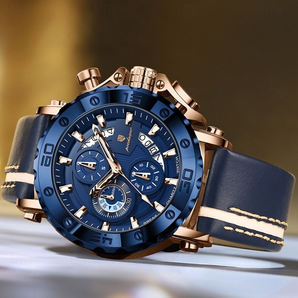 POEDAGAR Heren Quartz Horloge Leren Band Luminous Wijzers Chronograaf Datumweergave Zakelijk Dress Gouden Kleur Horloge voor Heren Kerst Verjaardag Jubileum Cadeau voor Heren Dagelijks Zakelijk 2026 - $38.99 –P2