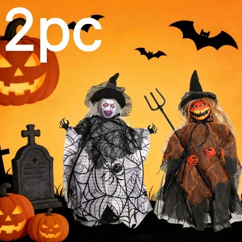 2026年 ハロウィンの卓上魔女とカボチャの幽霊の飾り、蜘蛛の巣の