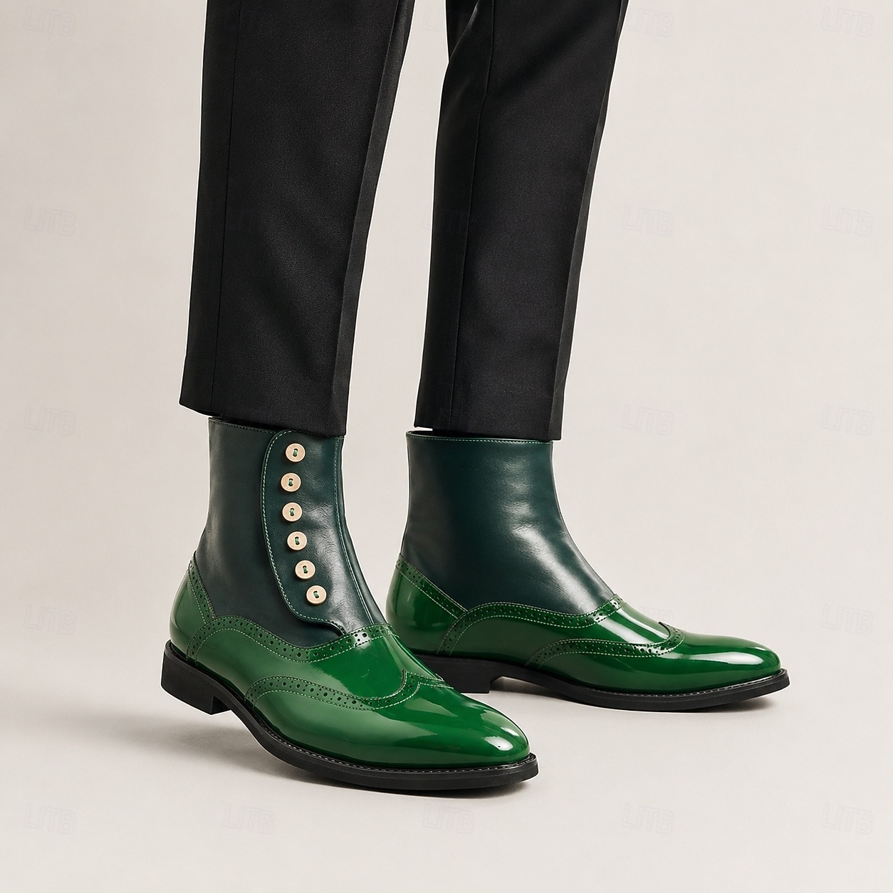 mens green dress boots Men's Ankle Boots, Patent Leather Brogue Boots, Wingtip Pointed Toe Side Button with Low Block Heel for Vintage Formal, Party & Stage Wear 2026 formal suit with boots men
