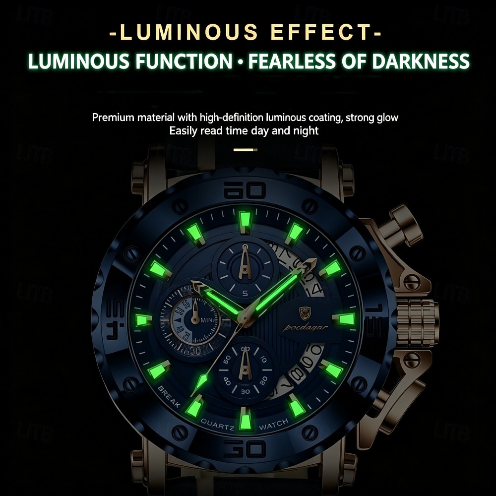 POEDAGAR Heren Quartz Horloge Leren Band Luminous Wijzers Chronograaf Datumweergave Zakelijk Dress Gouden Kleur Horloge voor Heren Kerst Verjaardag Jubileum Cadeau voor Heren Dagelijks Zakelijk 2026 - $38.99 –P7