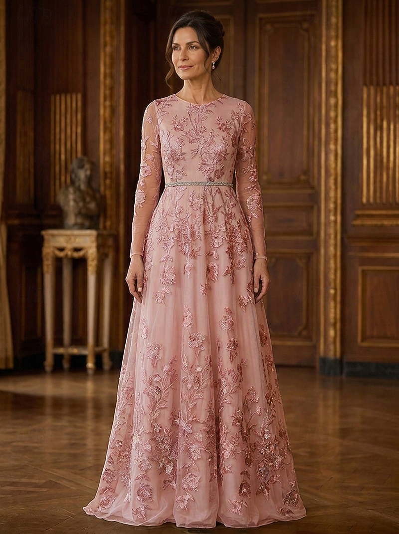 simple classic mother of the bride dresses A-Line Dress Floor Length Dress Long Sleeve Scoop Neck Elegant Vintage Formal Wedding Guest Semi Formal Lace with Embroider line silhouette that is Color:Garden Green Lace Style: Mock Neck Church Dress for sale