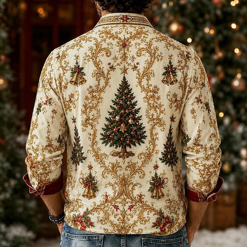 Christmas Men's Christmas Tree Christmas Bell Ugly Christmas Shirt Button Up Shirt Casual Dress Shirt Long