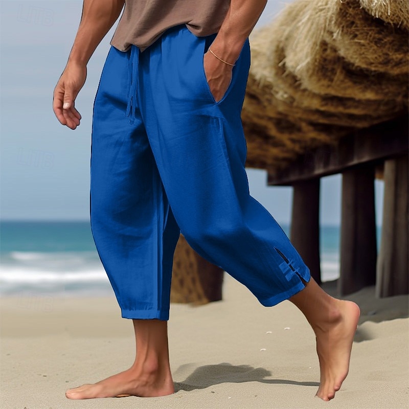 Men's Linen Pants Summer Pants Cropped Pants Beach Pants Drawstring Elastic Waist Plain Comfort Breathable Calf-Length Casual Daily Holiday Fashion Classic Style Black White 2026 - $25.99 –P14
