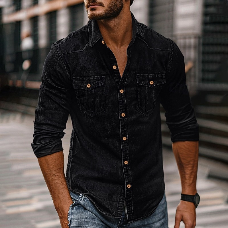 Men's Shirt Chambray Shirt Calico Shirt Button Up Shirt Casual Shirt Denim Shirt Denim Blue Black Dark Navy Blue Long Sleeve Plain Collar Daily Vacation Clothing Apparel Cotton Fashion Casual 2026 - $37.99 –P3