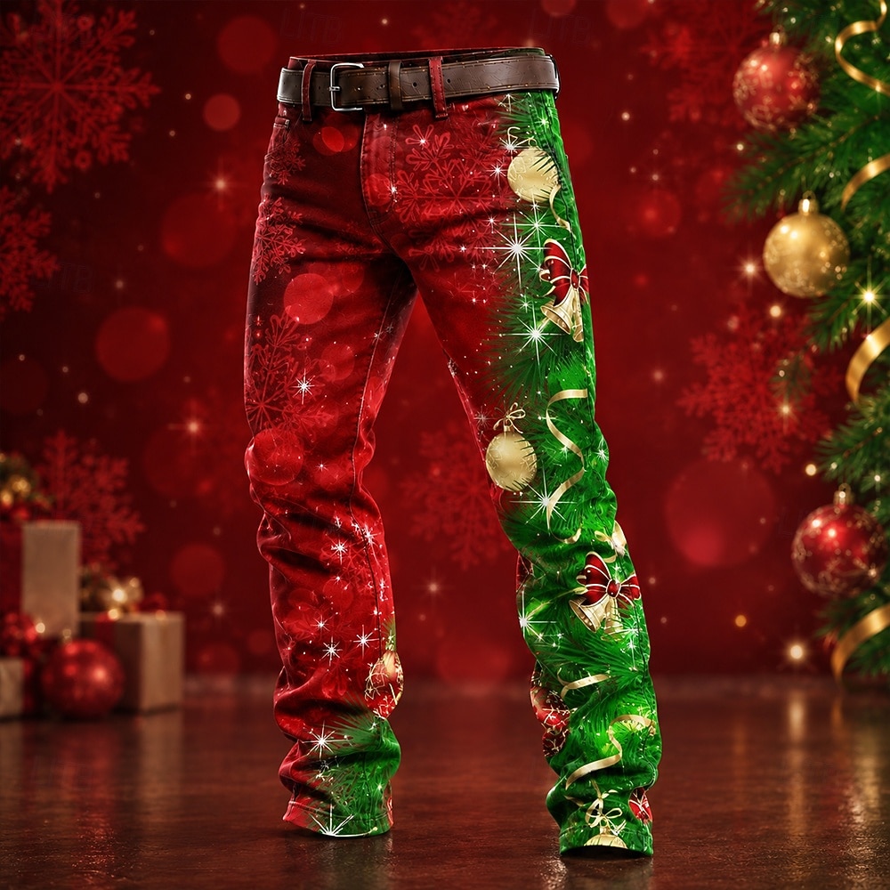 red christmas dress pants Men's Tree Christmas Bell Snowflake Pants Trousers Mid Waist Vintage Casual Home Outdoor Vacation Zipper Pocket Summer Spring Fall 3D Print White 1 Red 2026 isn’t it