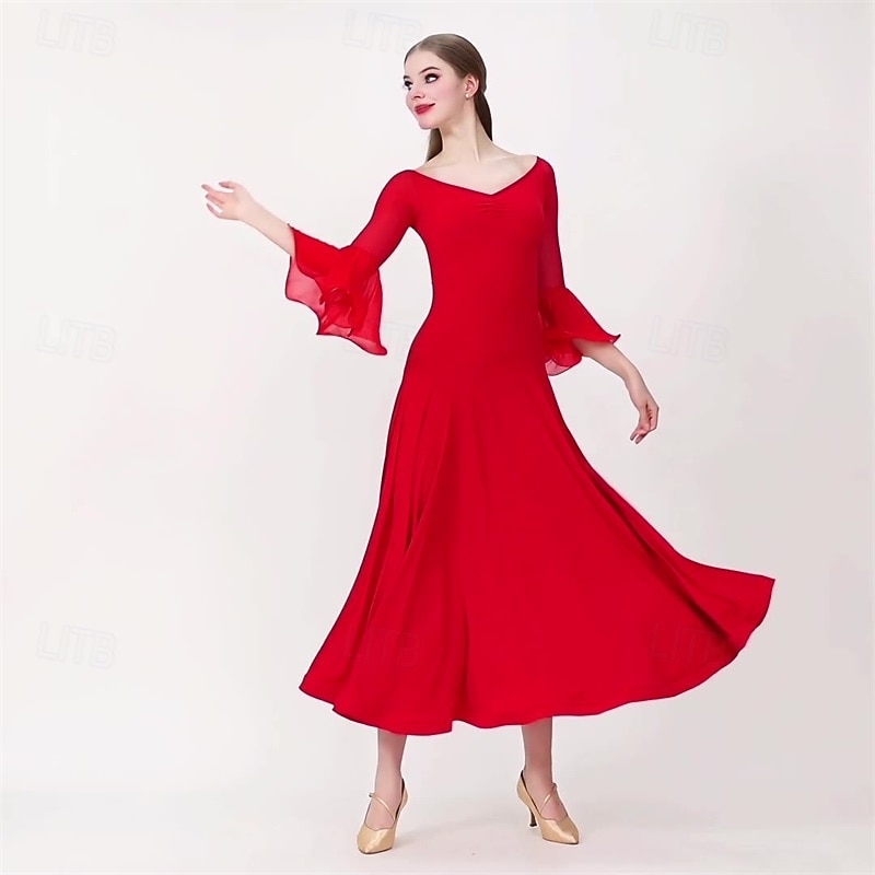 red flowy dance dress Women's Ballroom with Ruffle Bell Sleeves – Standard Dance Gown 2026 FU/IGMW
