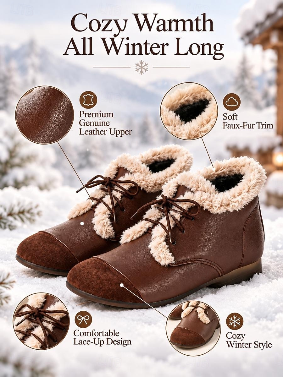 Fleece Bootie Pattern Women's Dark Brown Wide-fit Cowhide Leather Ankle Boots – Fleece-Lined ...