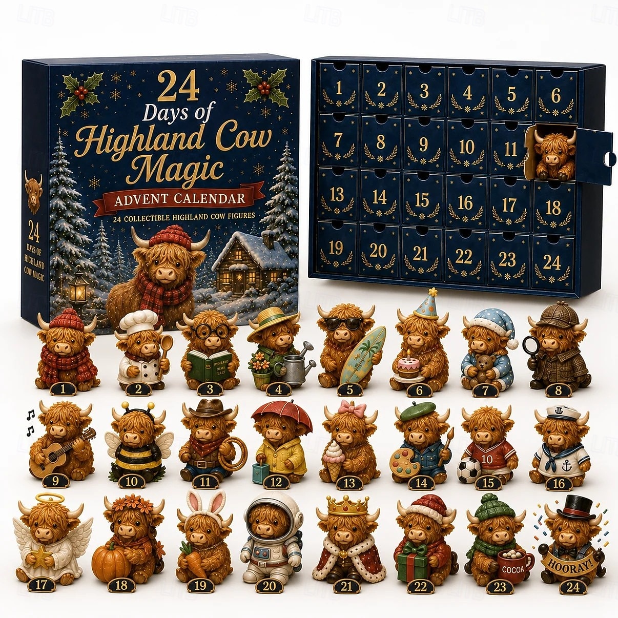Highland Cow Magic Advent Calendar 24 Days Christmas Gift, 24 Collectible Highland Cow Figures, Cute Farm Animal Countdown Calendar with Surprise Toys, Fun Xmas Holiday Gift for Kids, Teens 2026 - $29.99 –P1