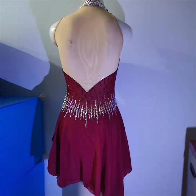 dark red figure skating dress Figure Skating Dress Women's Girls' Ice Skating Dress Black Red Open Back Asymmetric Hem Mesh High Elasticity Training Competition Skating Wear Classic Crystal / Rhinestone Long Sleeve Ice Skating 2026