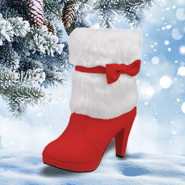 Women's Red Christmas Boots with Faux Fur Cuff and Bow Accent