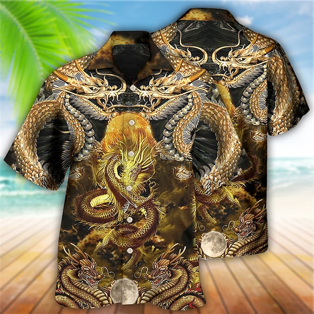 Men's Dragon Shirt Button Up Shirt Short Sleeve Tropical Fashion Hawaiian  Casual Holiday Beach Summer Spring Turndown Print Button-Down Gold 2025 $2