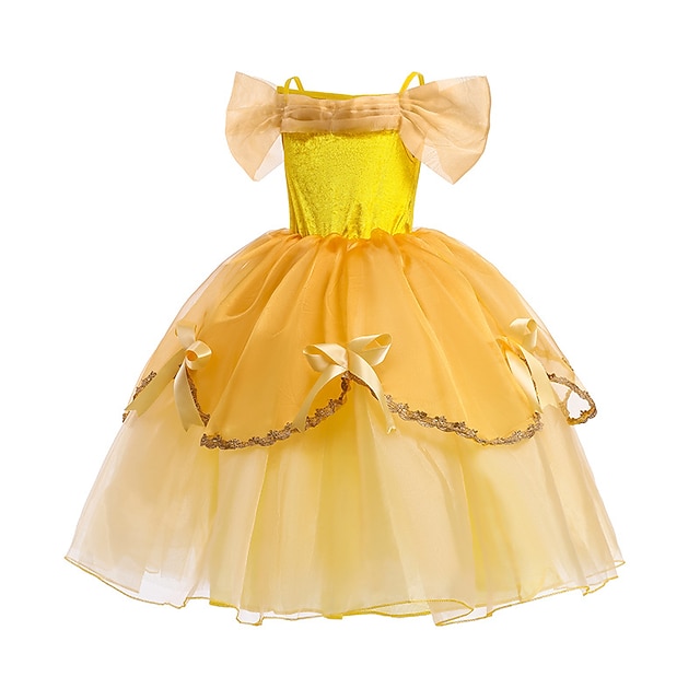 Kids Girls' Beauty And The Beast Princess Belle Costume Dress Cartoon  Layered Ruched Lace Yellow Maxi Short Sleeve Cute Dresses Regular Fit 2025  $35