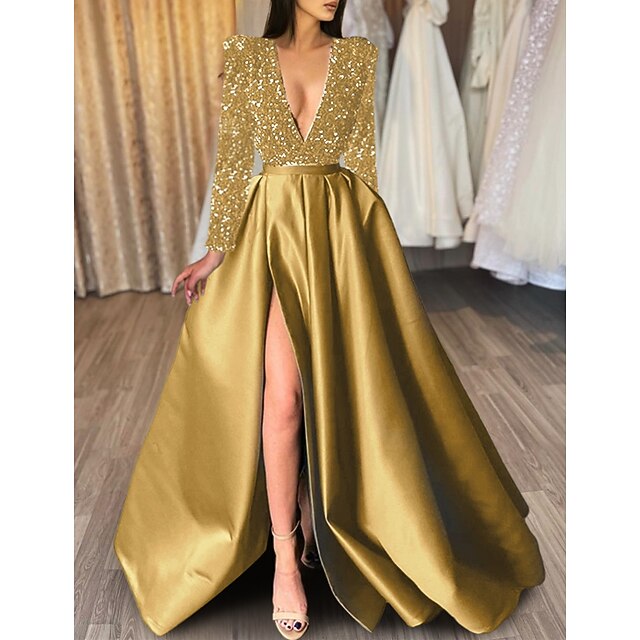 Evening Black And Gold Gown Designs A-Line Court Train Prom Dresses Evening  Gown Ball Gown