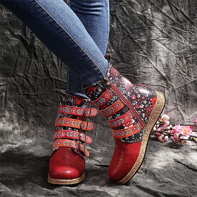 Damen-Stiefeletten im Vintage-Stil mit Blumenstickerei
