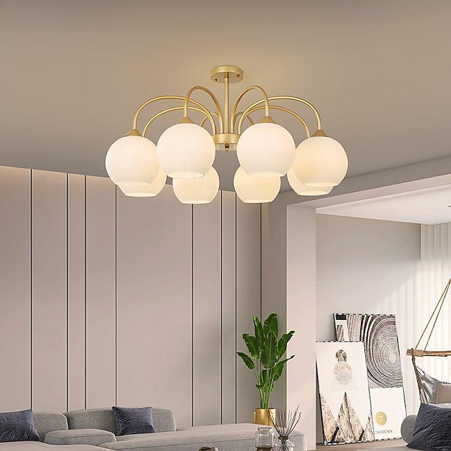 Lustre Spoutnik en verre et laiton satiné doré - Lampes suspendues modernes avec abat-jour globe blanc - Luminaires suspendus pour chambre à coucher, salon, cuisine, couloir (8 lumières) - Petit cadea