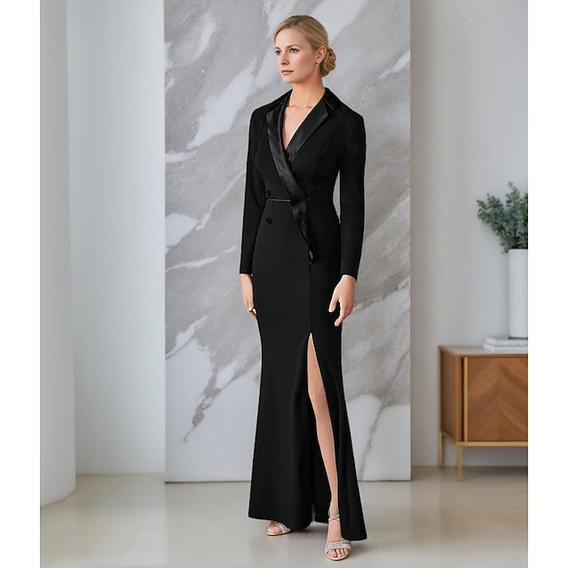 adrianna papell black tuxedo dress Plus Size Adrianna Papell Tuxedo Gown Dress Tuxedo Dress Sheath Column Formal Wedding Guest Satin Crepe Elegant Simple Long Sleeve Ankle Length Split Thigh Notched Retail Price:109.00 Amorya Women's Black Glitter Dress style:With Choker+Gloves The dress is just