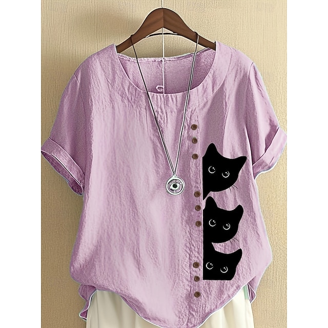 Women's Cotton Linen Shirts Animal Cat Elegant Daily Stylish Short