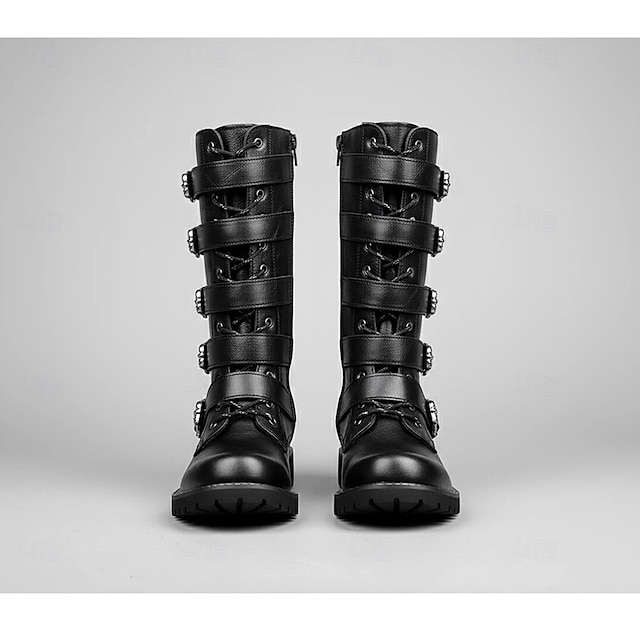 Men's Knee High Boots with Multi Buckle Straps and Lace-Up Design