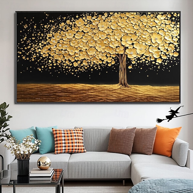 油彩画 金色の木 テクスチャーアート 2026年 金色の抽象的な木の絵、金色の花のキャンバスのテクスチャ絵画