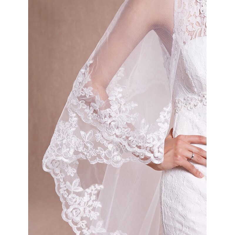 Tulip Bridal 2-Tier Ivory Elbow Alencon Lace Wedding Veil V041, White