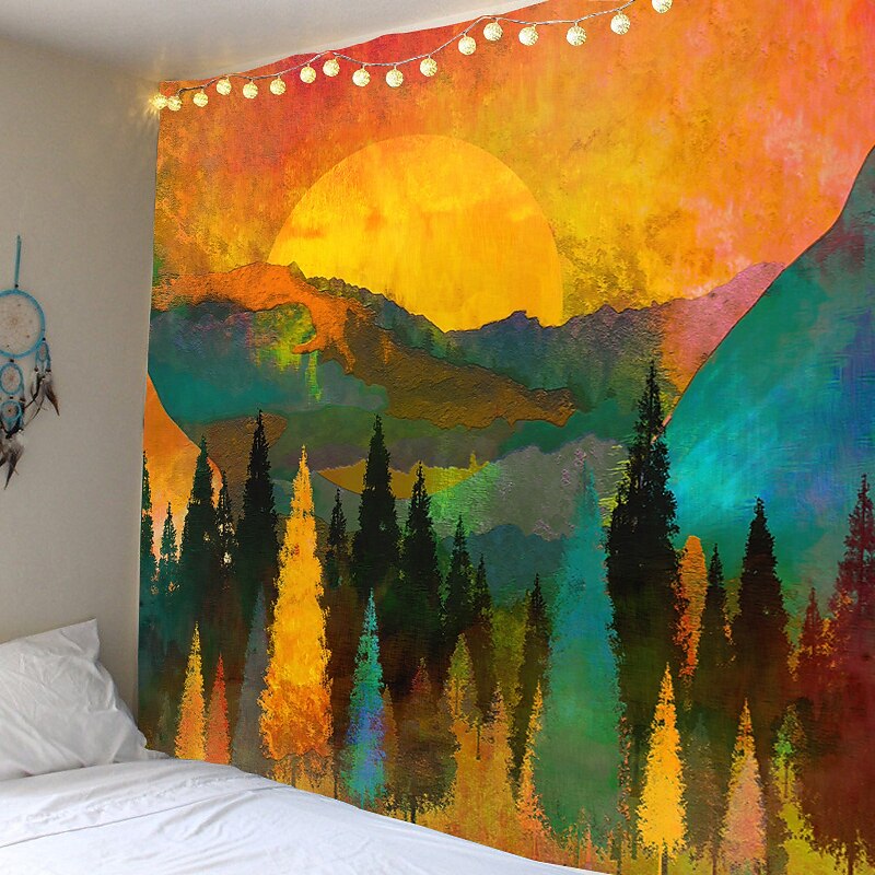 Quadro Bohémien Su Tela Paesaggio Montagna Foresta Alba 110x40 Cm - Decorazione Parete Per Soggiorno Camera