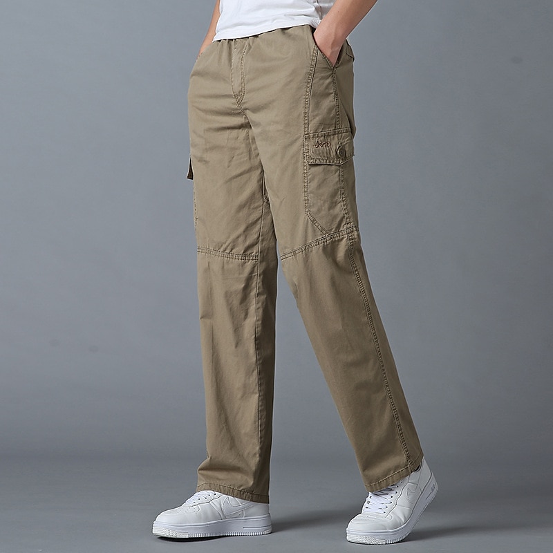 Men's Cargo Pants Trousers Elastic Waist Front Zipper Flap