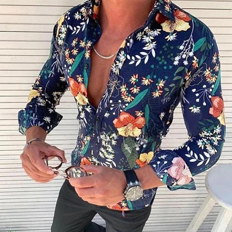 Long Sleeve T Shirts For Men Men Casual Buttons Beach Non-Positioning  Floral Print Turndown Short Sleeve Shirt Blouse Je Xxl 