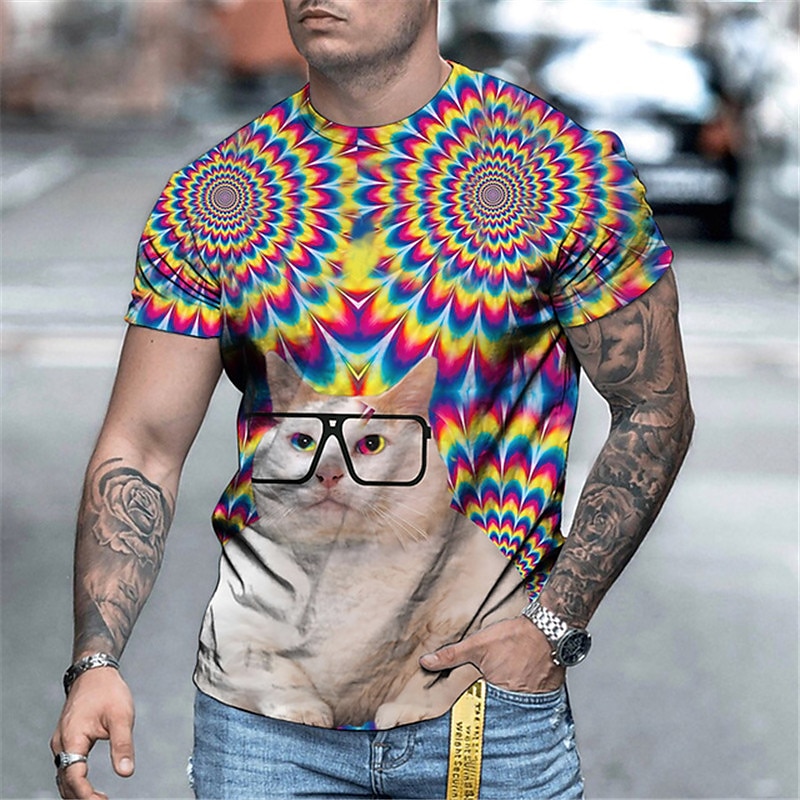 Tie Dye Mens 3D Shirt for Festival | Colorful Summer Cotton | Men's Tee Funny Shirts Animal Cat Crew Neck 3D Print Plus Size Casual Daily Short Sleeve
