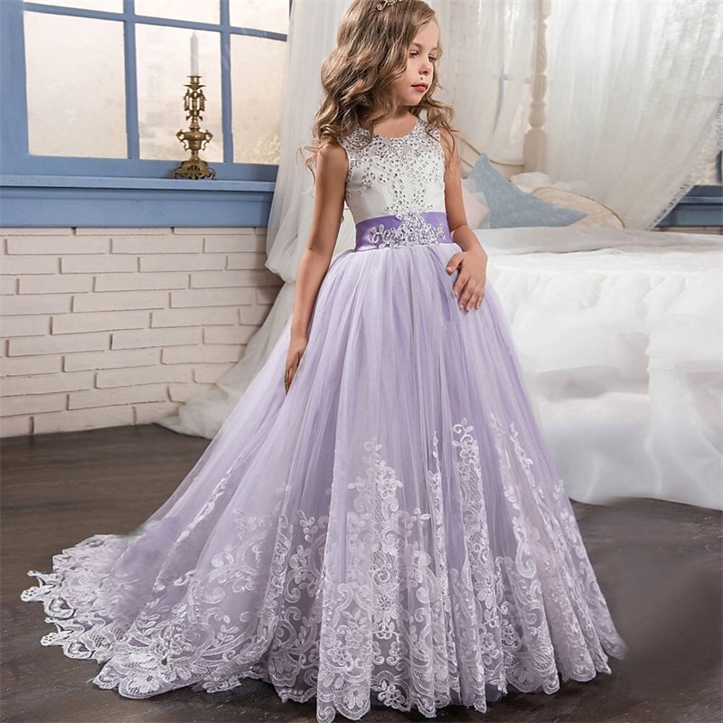 Maeau Vestito da bambina da principessa, senza maniche, in rete, con fiocco, in cotone, per feste, compleanni, matrimoni, 80-120, rosa chiaro, 110 cm-120 cm