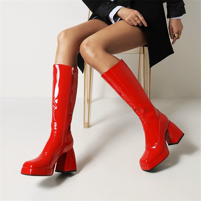 【GoGo】 Women's White Knee-High GoGo Boots with Block Heels and