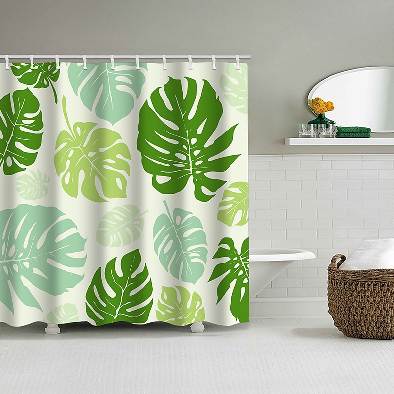 Tropical Shower Curtain with Hooks, Green Shower Curtain, Plant