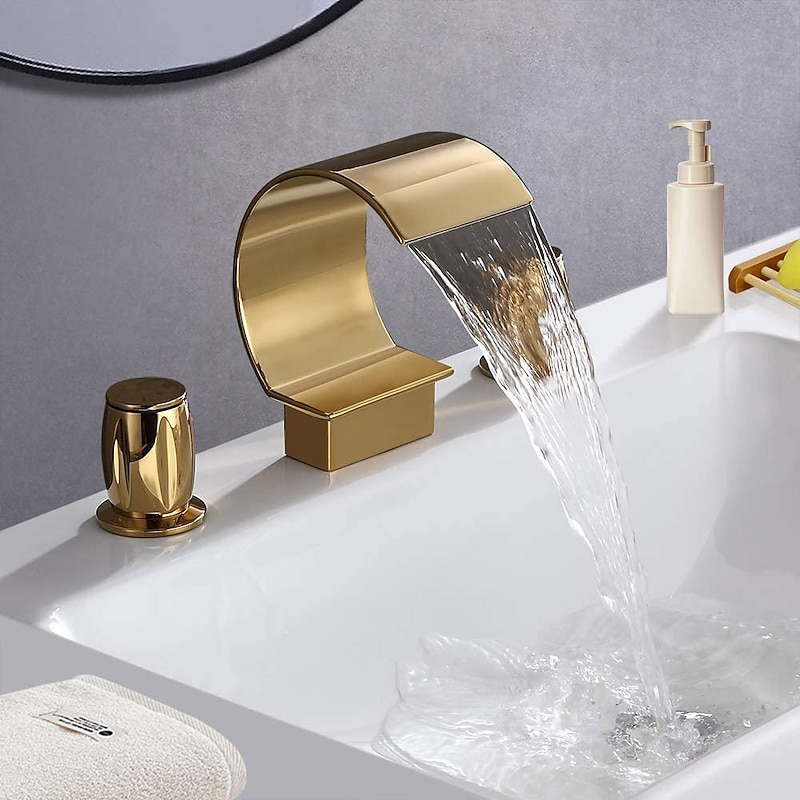 SUMERAIN Badewannen-Wasserhahn Mit Wasserfall-Auslauf – Gebürstetes Gold, 3-Loch-Deckmontage, Keramikventil