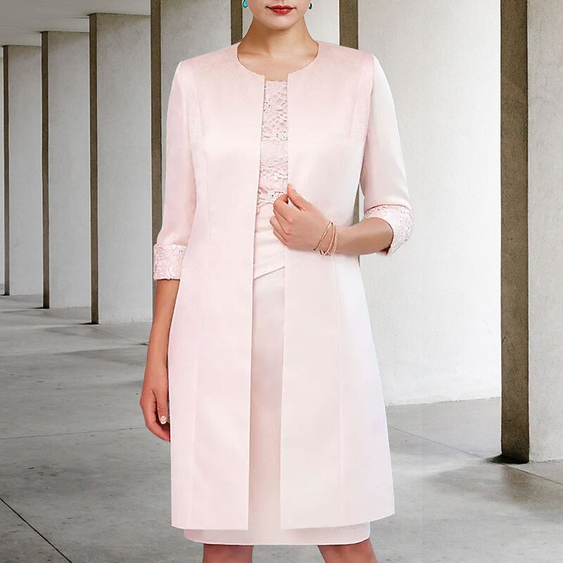 Two Piece Sheath Mother of the Bride Dress Church Elegant Jewel Neck Knee  Length Satin Lace Half Sleeve Jacket Dresses with Side-Draped Race Day Dress  free custom size 2026 - $171.99