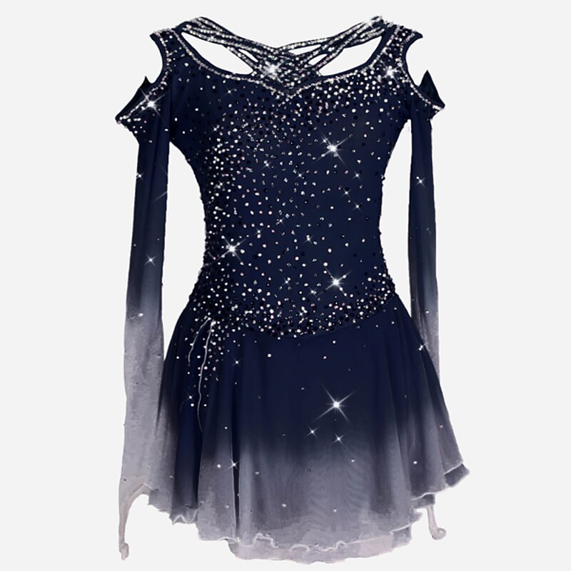 Figure Skating Tights Girls' Figure Skating Dress - Blue Patchwork Mesh Rhinestone Costume For Competition & Performance Dance Dress Figure Skating Tights Girls' Figure Skating Dress - Blue Patchwork Mesh Rhinestone Costume For Competition & Performance Dance Dress