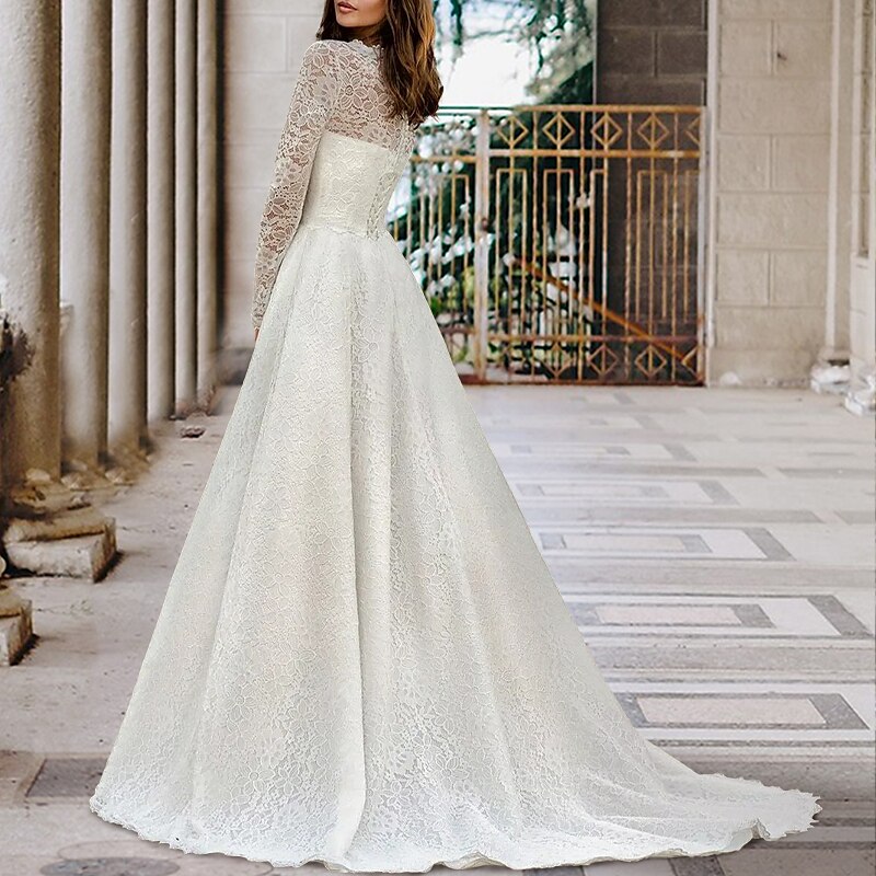 Engagement Formal Fall Wedding Dresses A-Line Illusion Neck Long Sleeve  Court Train Lace Bridal Gowns With Sashes / Ribbons Pleats 2023 Summer  Wedding Party, Women's Clothing 2024 - $215.99