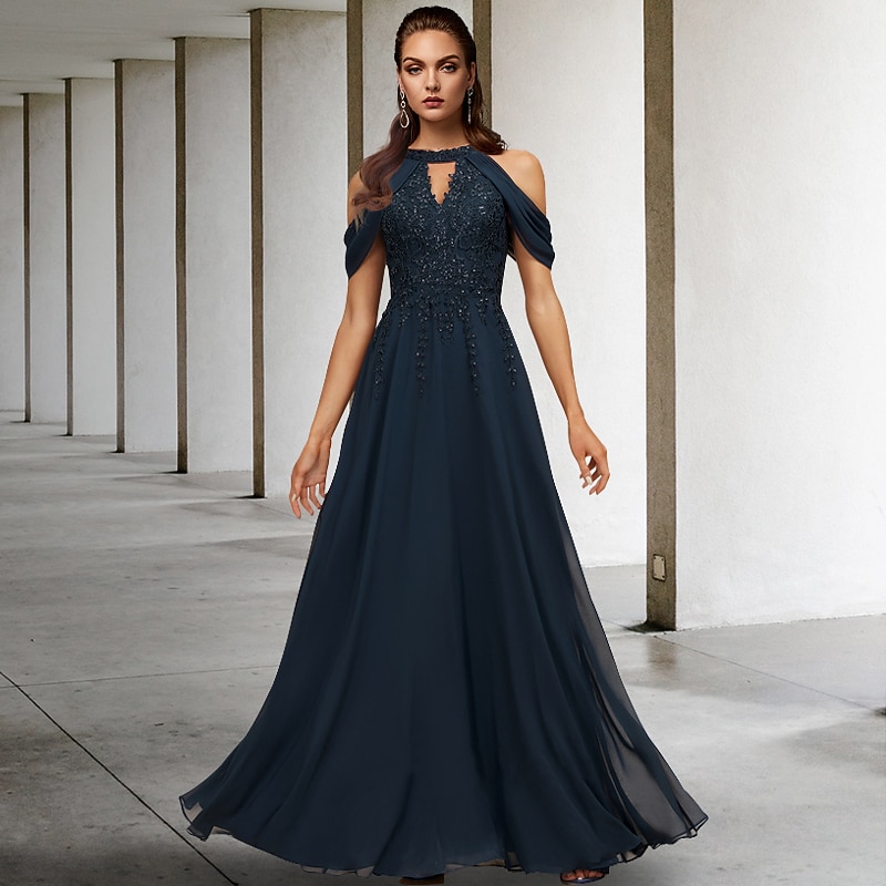 A-Line Mother of the Bride Dress Wedding Guest Elegant Plus Size Halter Neck  Floor Length Lace Tulle Sequined Sleeveless with Sequin Appliques free  custom size 2026 - 586