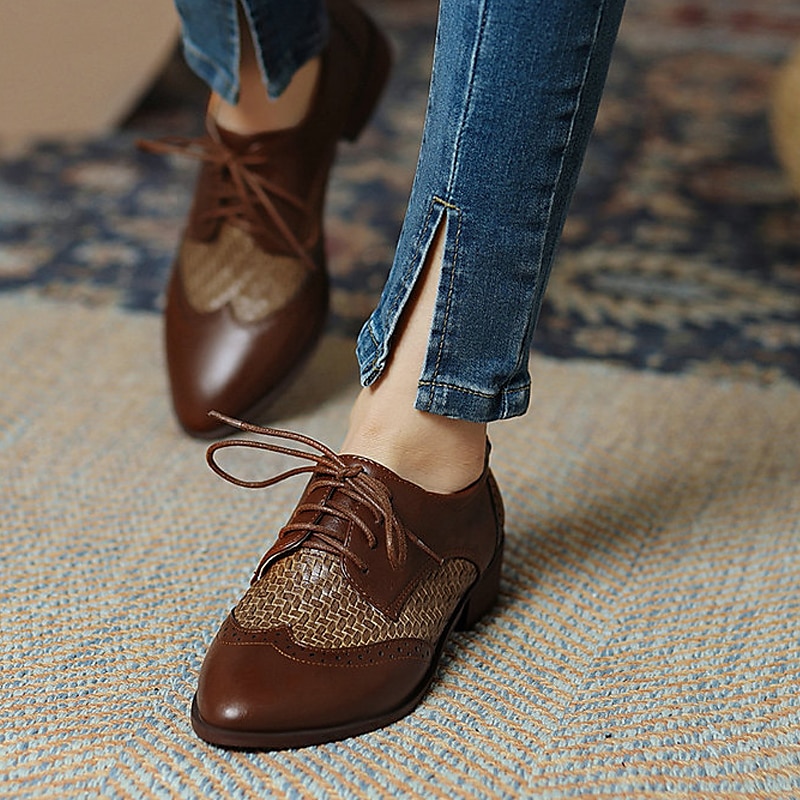 Oxford Shoes For Women Vntage Low Heel Lace-up Brogue Oxfords