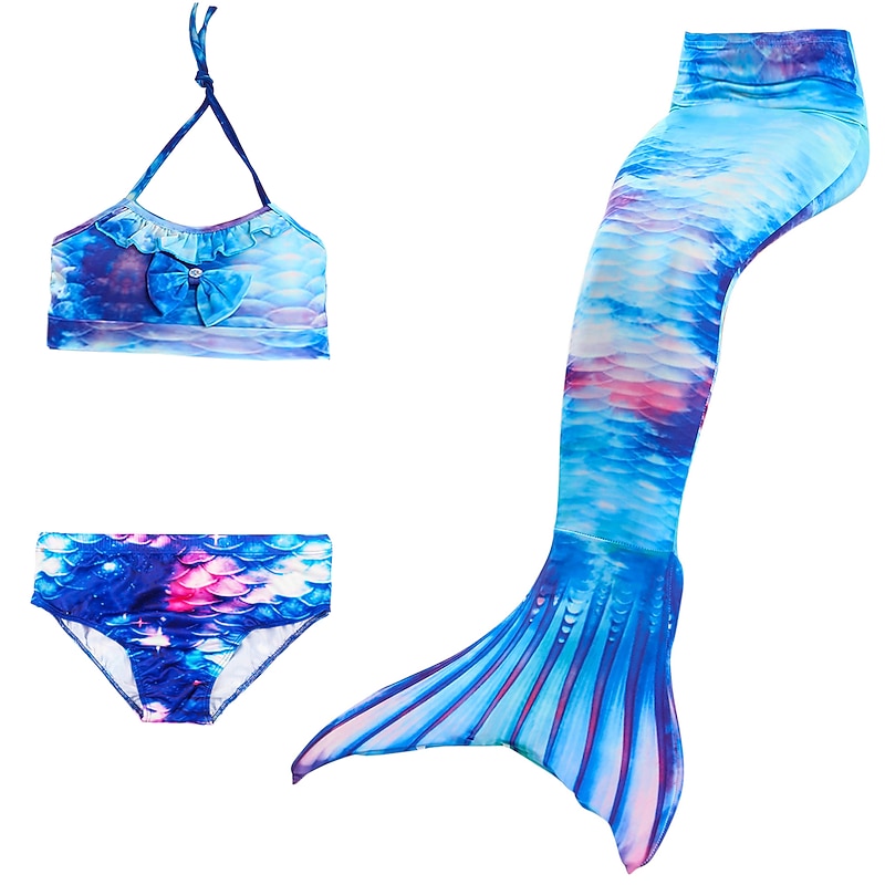 Ensemble Princesse Sirène 3 Pièces Pour Filles 4-12 Ans - Bikini Taille Haute Hawaïen Plage Piscine