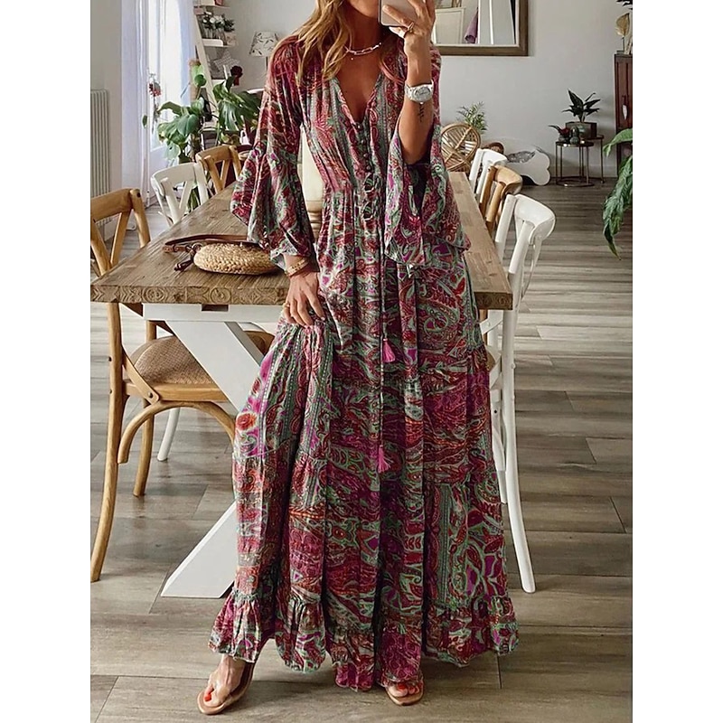 Women's Maxi long Dress Boho Dress Long Sleeve Boho Dress Print Dress  Bohemia Fashion Streetwear Flared Sleeve Street Holiday Going out Loose Fit  Graphic V Neck Blue Orange Green Grey Summer Spring