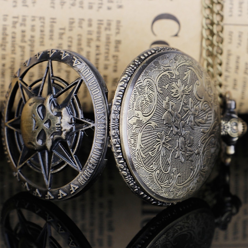 Montre De Poche Rétro En Bronze Steampunk | Cadran Squelette Tête De Mort - Mouvement Quartz, Chaîne 30 Cm