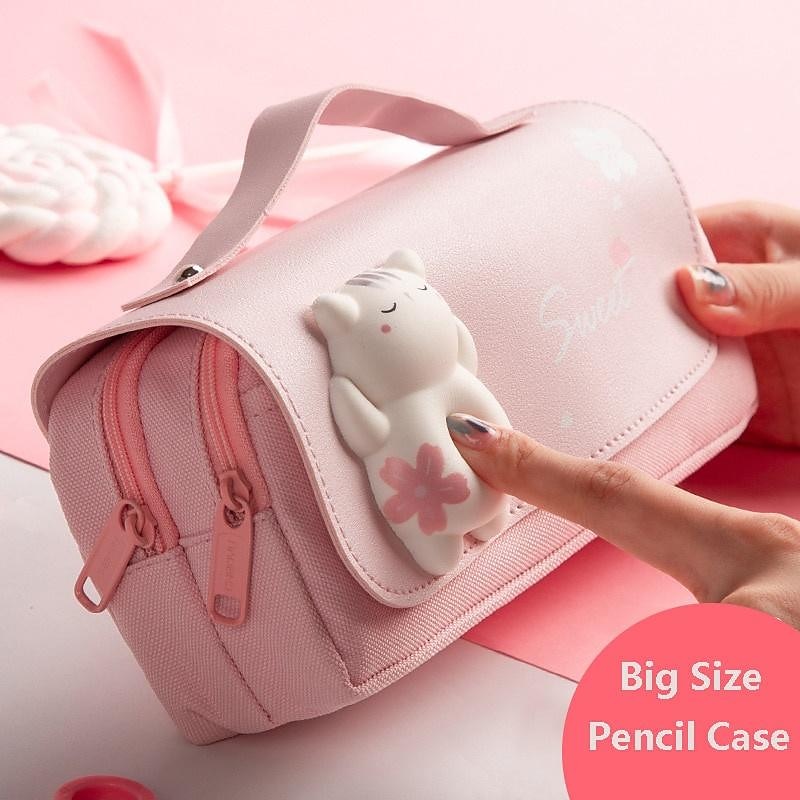 Cute Cat Pencil Case Big Pencil Box Portable Girls Pen Bag Double Layer  School Pouch Kawaii Stationery Pensil Case Purple
