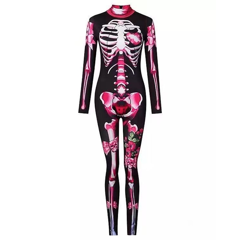 Combinaison Femme Rose Slim 3D Crâne Rose Combinaison Halloween