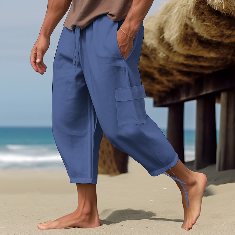 Mens Linen Pants Summer Casual Trousers Yoga Loose Beach Drawstring  Elasticated | eBay