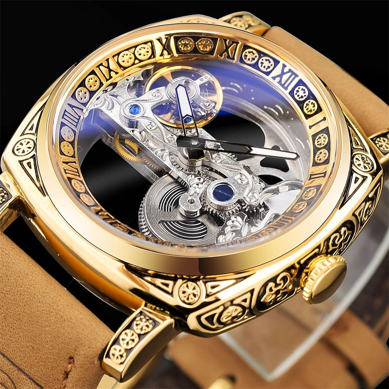 Forsining 3d Logo Design Incisione cava Cassa in oro nero Scheletro in pelle Orologi meccanici Uomo Luxury Brand Heren Horloge  1511