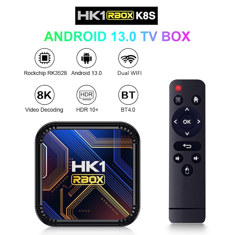 Smart TV Box HK1 RBOX K8S Android 13 8K Android TV Box RGB Light 4GB 64GB  WiFi6 Dual Wifi 2023 PK Android 12 6K 2024 - $41.99