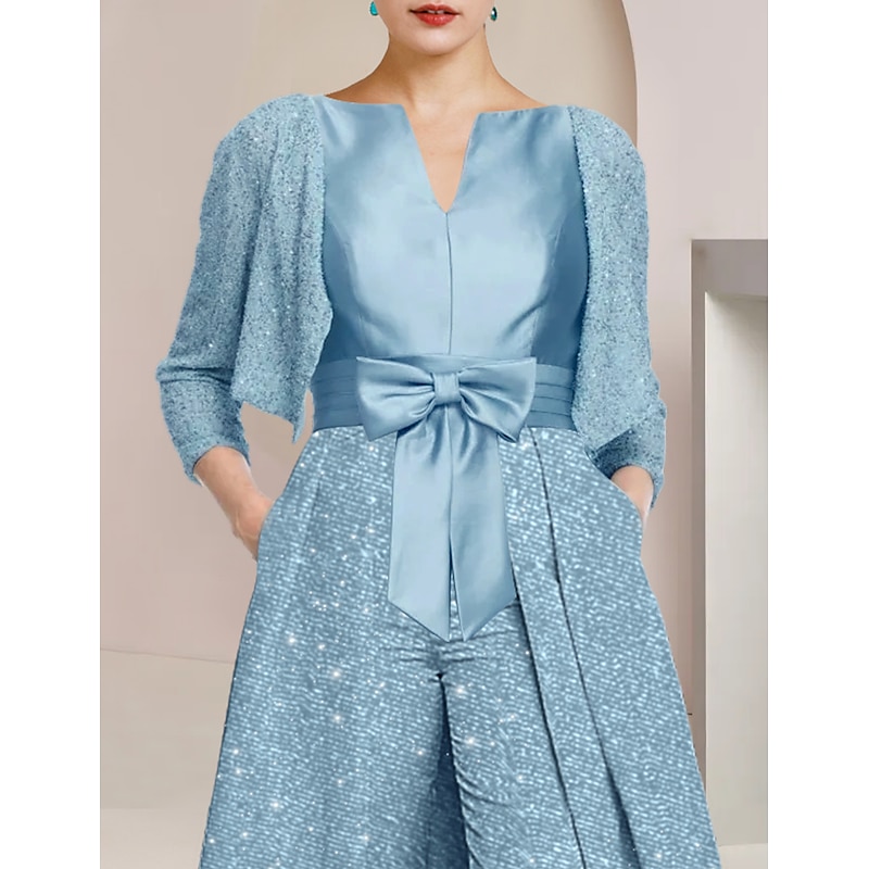 Jumpsuit / Pantsuit 3 Piece Mother of the Bride Dress Formal Elegant  Sparkle & Shine Scoop Neck Ankle Length Sequined 3/4 Length Sleeve Wrap  Included with Bow(s) Ruched 2024 2024 - $179.99