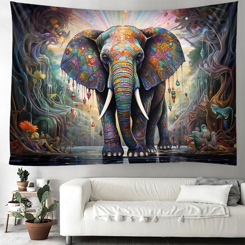  A.Monamour Wandteppiche Wanddekor Ein Elefant Im Zimmer Fenster  Lustiges Tier Thema Bild Stoff Wandtuch Wandbehang Wandkunst Wandbilder für  Schlafzimmer Schlafsaal Wohnzimmer 102x153cm