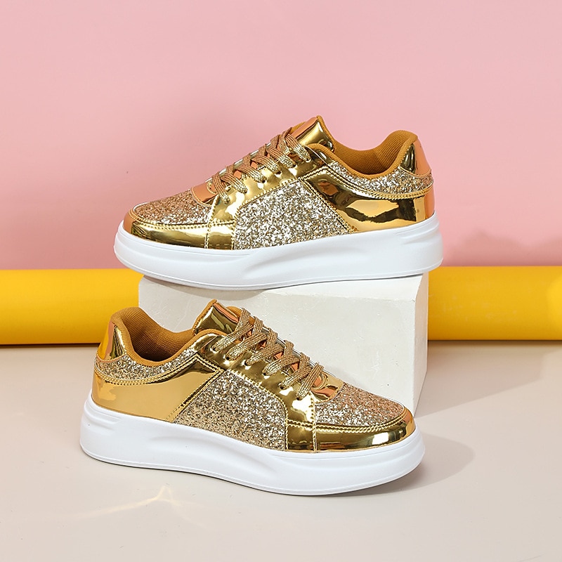 Women's Sparkly Pink Glitter Sneakers with Lace-Up Closure